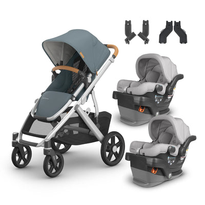 UPPAbaby Vista V3 From Birth Twin Mode Travel System (Stroller + 2 Mesa V2 Infant Car Seats + Adapters)