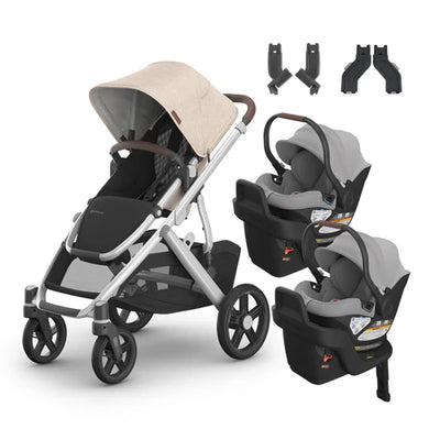 UPPAbaby Vista V3 From Birth Twin Mode Travel System (Stroller + 2 Aria Infant Car Seats + Adapters)