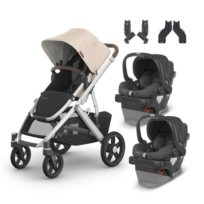 UPPAbaby Vista V3 From Birth Twin Mode Travel System (Stroller + 2 Mesa V2 Infant Car Seats + Adapters)