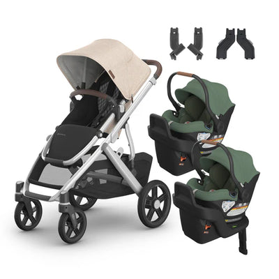UPPAbaby Vista V3 From Birth Twin Mode Travel System (Stroller + 2 Aria Infant Car Seats + Adapters)