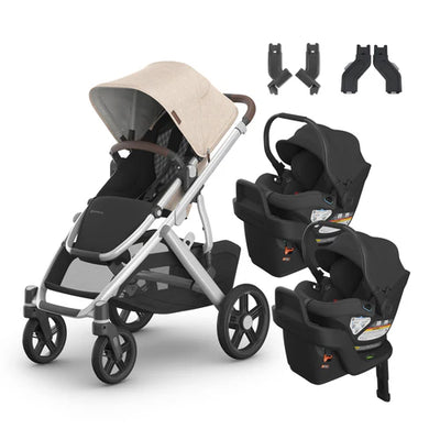 UPPAbaby Vista V3 From Birth Twin Mode Travel System (Stroller + 2 Aria Infant Car Seats + Adapters)