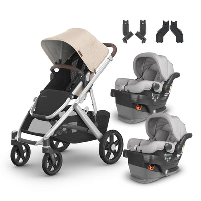 UPPAbaby Vista V3 From Birth Twin Mode Travel System (Stroller + 2 Mesa V2 Infant Car Seats + Adapters)