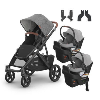UPPAbaby Vista V3 From Birth Twin Mode Travel System (Stroller + 2 Aria Infant Car Seats + Adapters)