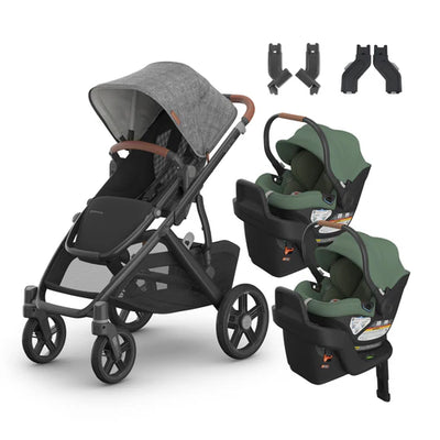 UPPAbaby Vista V3 From Birth Twin Mode Travel System (Stroller + 2 Aria Infant Car Seats + Adapters)