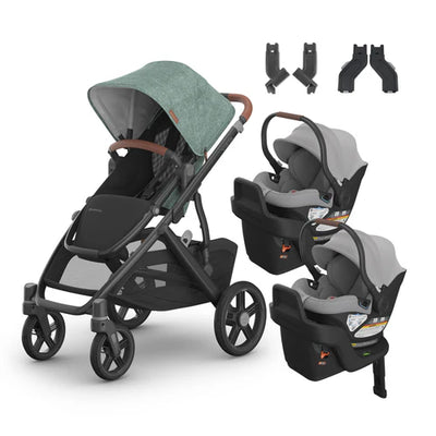 UPPAbaby Vista V3 From Birth Twin Mode Travel System (Stroller + 2 Aria Infant Car Seats + Adapters)