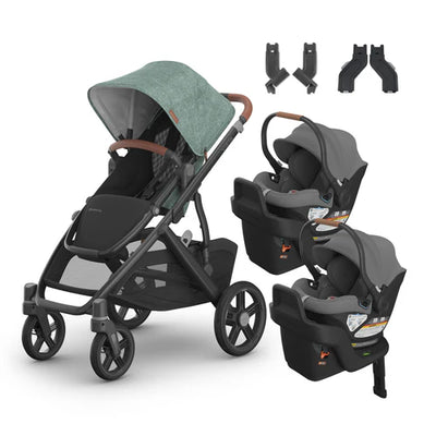 UPPAbaby Vista V3 From Birth Twin Mode Travel System (Stroller + 2 Aria Infant Car Seats + Adapters)
