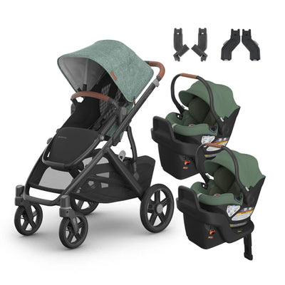 UPPAbaby Vista V3 From Birth Twin Mode Travel System (Stroller + 2 Aria Infant Car Seats + Adapters)