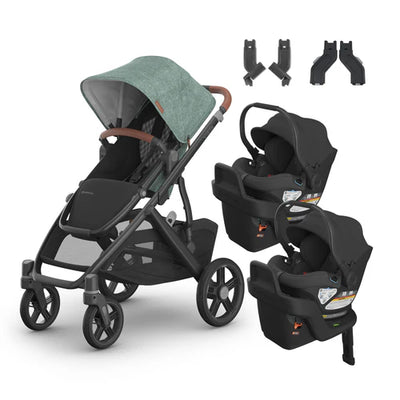 UPPAbaby Vista V3 From Birth Twin Mode Travel System (Stroller + 2 Aria Infant Car Seats + Adapters)