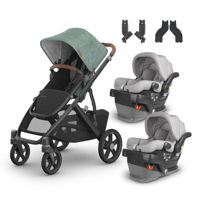 UPPAbaby Vista V3 From Birth Twin Mode Travel System (Stroller + 2 Mesa V2 Infant Car Seats + Adapters)