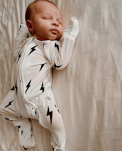 Forever French Baby - Bamboo Zip Pajamas | White & Black Lightning Bolt