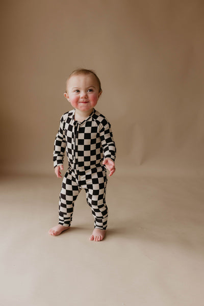 Forever French Baby - Bamboo Zip Pajamas | Black Checkerboard