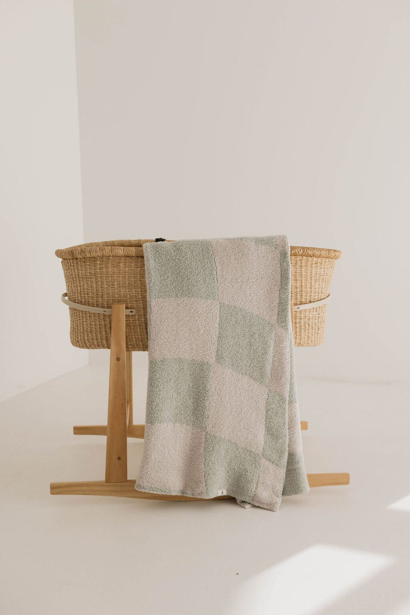 Forever French Baby - Plush Blanket  | Sage Wavy Checkerboard