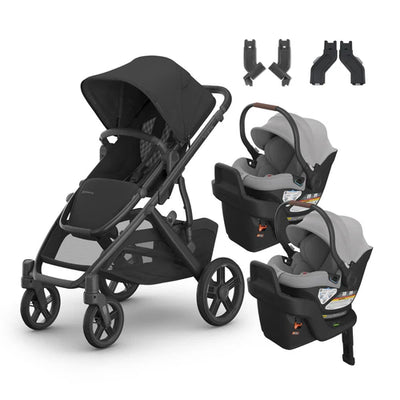 UPPAbaby Vista V3 From Birth Twin Mode Travel System (Stroller + 2 Aria Infant Car Seats + Adapters)