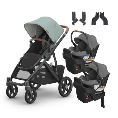 UPPAbaby Vista V3 From Birth Twin Mode Travel System (Stroller + 2 Aria Infant Car Seats + Adapters)