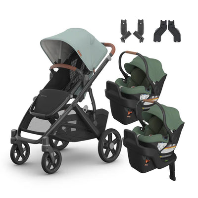 UPPAbaby Vista V3 From Birth Twin Mode Travel System (Stroller + 2 Aria Infant Car Seats + Adapters)