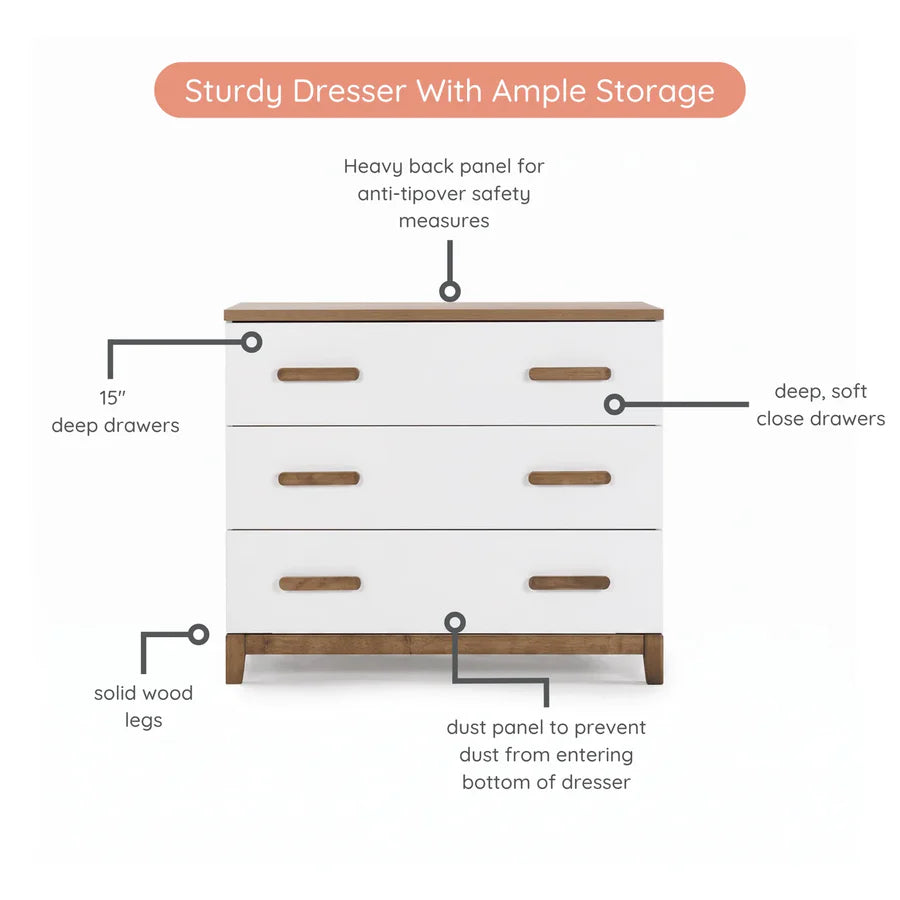 dadada LaLa Little 3-Drawer Dresser - White/Walnut- Strolleria