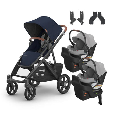 UPPAbaby Vista V3 From Birth Twin Mode Travel System (Stroller + 2 Aria Infant Car Seats + Adapters)