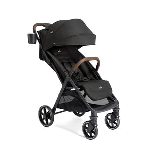 Shale Black Joie Nutmeg Compact Travel Stroller with Tan Handles - Three Quarter View | Strolleria