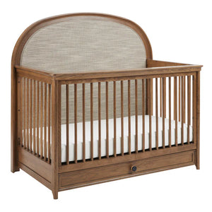 Natural Wood Maxi Cosi Quiet Luxury 6-in-1 Convertible Crib with Fabric Headboard - Side View | Strolleria