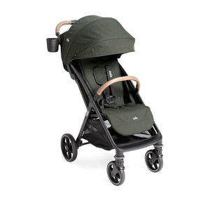 Forest Green Joie Nutmeg Lightweight Stroller with Canopy Extended and Tan Handles - Front Angle View | Strolleria