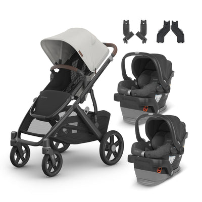UPPAbaby Vista V3 From Birth Twin Mode Travel System (Stroller + 2 Mesa V2 Infant Car Seats + Adapters)