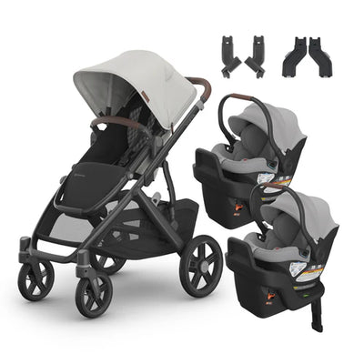 UPPAbaby Vista V3 From Birth Twin Mode Travel System (Stroller + 2 Aria Infant Car Seats + Adapters)