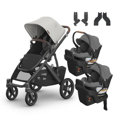 UPPAbaby Vista V3 From Birth Twin Mode Travel System (Stroller + 2 Aria Infant Car Seats + Adapters)