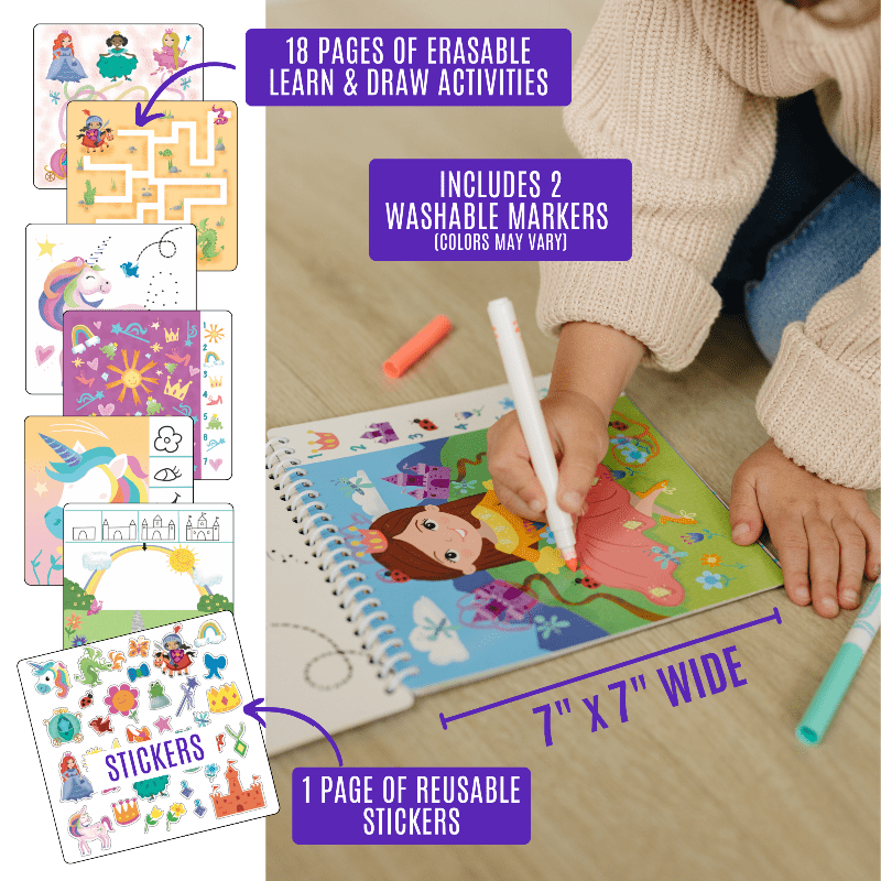 UnbuckleMe® Small 7" Dry Erase Activity Book (incl. 2 Washable Markers & Reusable Stickers)- Strolleria