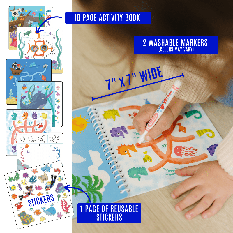 UnbuckleMe® Small 7" Dry Erase Activity Book (incl. 2 Washable Markers & Reusable Stickers)- Strolleria