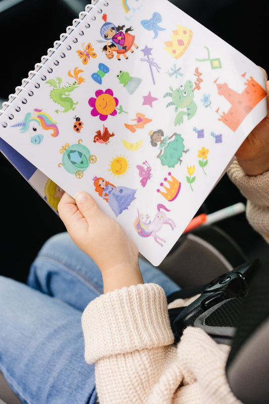 UnbuckleMe® Small 7" Dry Erase Activity Book (incl. 2 Washable Markers & Reusable Stickers)- Strolleria