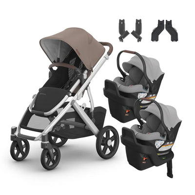 UPPAbaby Vista V3 From Birth Twin Mode Travel System (Stroller + 2 Aria Infant Car Seats + Adapters)