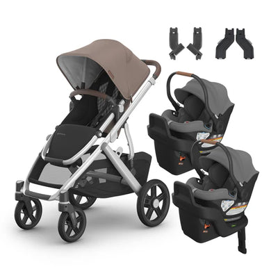 UPPAbaby Vista V3 From Birth Twin Mode Travel System (Stroller + 2 Aria Infant Car Seats + Adapters)
