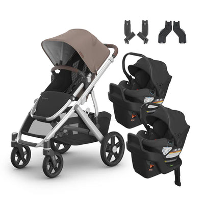 UPPAbaby Vista V3 From Birth Twin Mode Travel System (Stroller + 2 Aria Infant Car Seats + Adapters)
