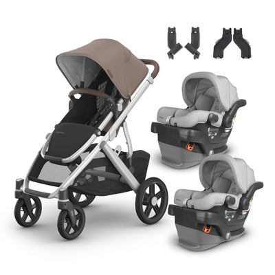 UPPAbaby Vista V3 From Birth Twin Mode Travel System (Stroller + 2 Mesa V2 Infant Car Seats + Adapters)