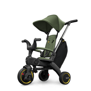 Doona Liki Trike S3 Desert Green Folding Tricycle with Canopy - 3/4 Front View | Strolleria